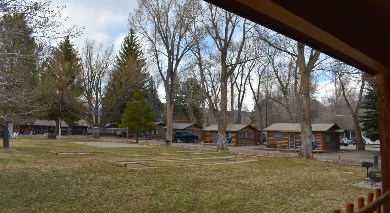 Multiple log cabins with blue painted doors and trim surrounded by large pine trees and grassy area